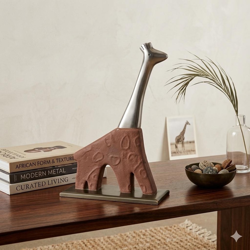 Giraffe Art Sculpture Doorstop- Textured Terracotta & Aluminum; Modrn Stmt Piece